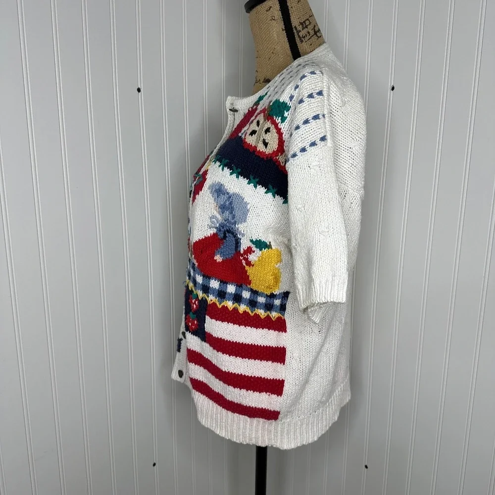 Signatures Northern Isles Hand Knit‎ Sweater White Fruit Americana Vtg 90s Sz L